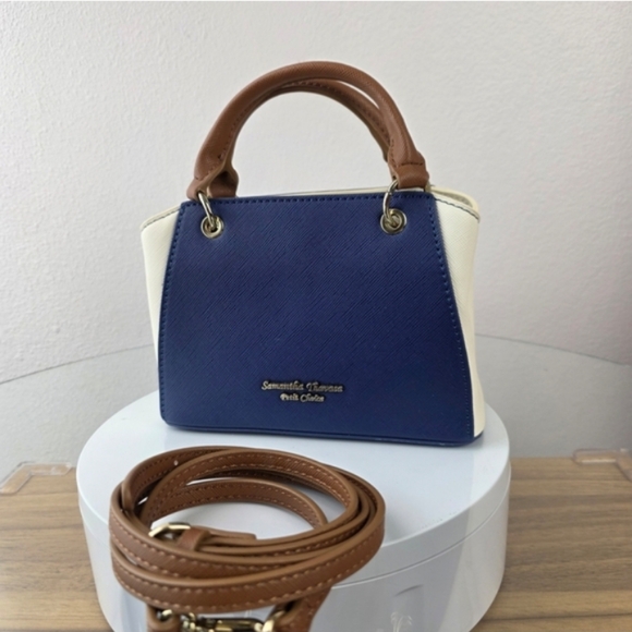 Samantha Thavasa Navy Blue Cream Mini Top-Handle Bag with Brown Handles - Picture 4 of 16